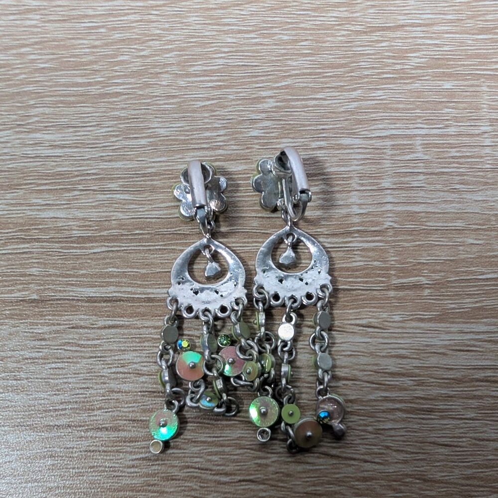 Vintage Silver-Tone Clip-On Dangle Earrings Green & Pink Sequins Rhinestone
